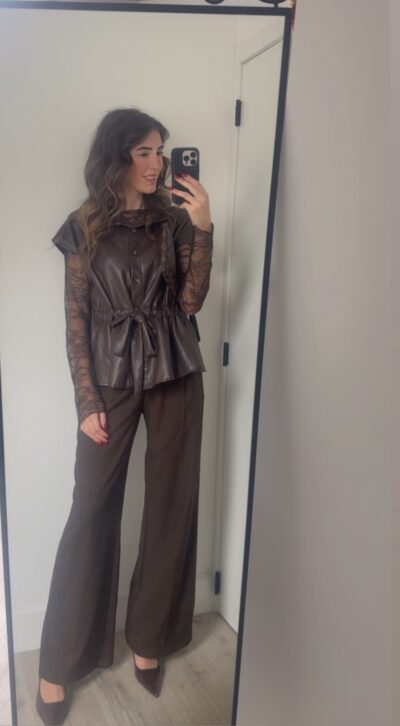 Bruine leather waistcoat met ceintuur